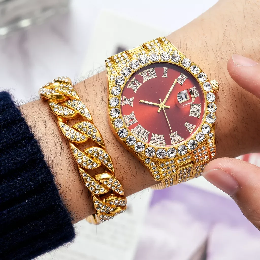 

2PCS New 2022 Men Stainless Steel Watch Set Gold Luxury Fashion Calendar Quartz Watch Rhinestone Wristwatch Man Clock Reloj