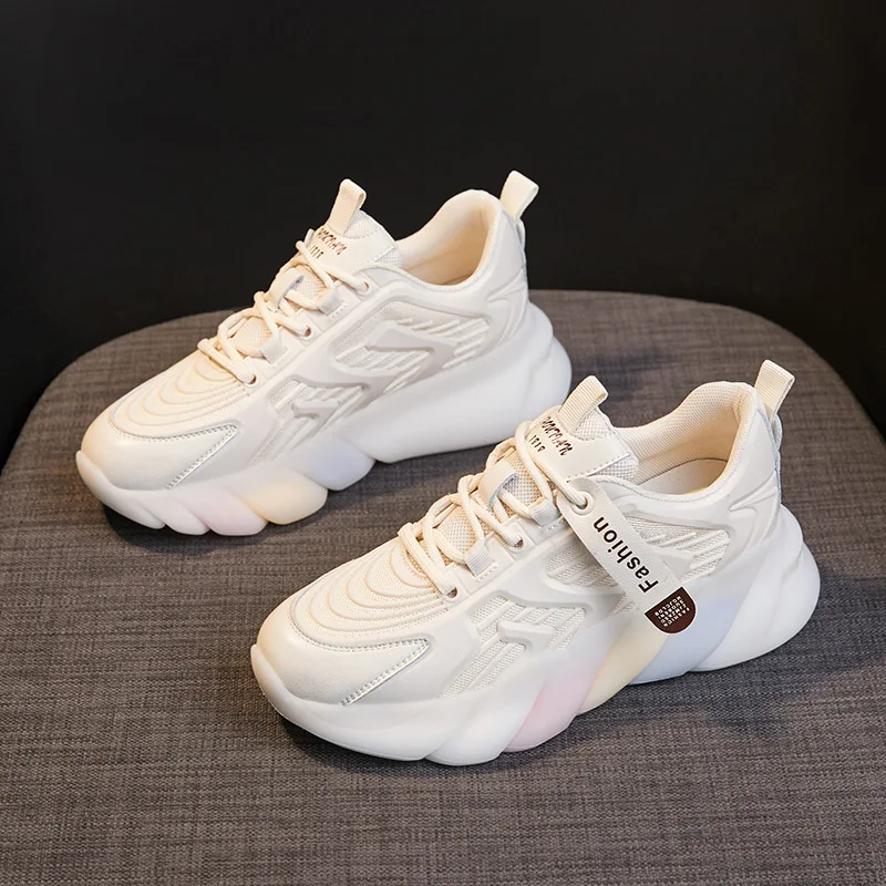 Inner Heightened Dad's Shoes Women's 2023 New Spring and Autumn Breathable Thick Sole Mesh Face Summer Small White Women's Shoes