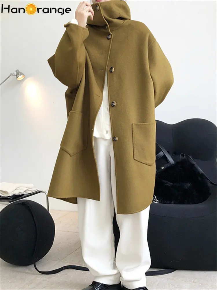 

HanOrange 2022 Winter Vintage Fashion Silhouette Double-sided Wool Cloak Coat Women Loose Hooded Jacket Mustard Yellow/Navy Blue