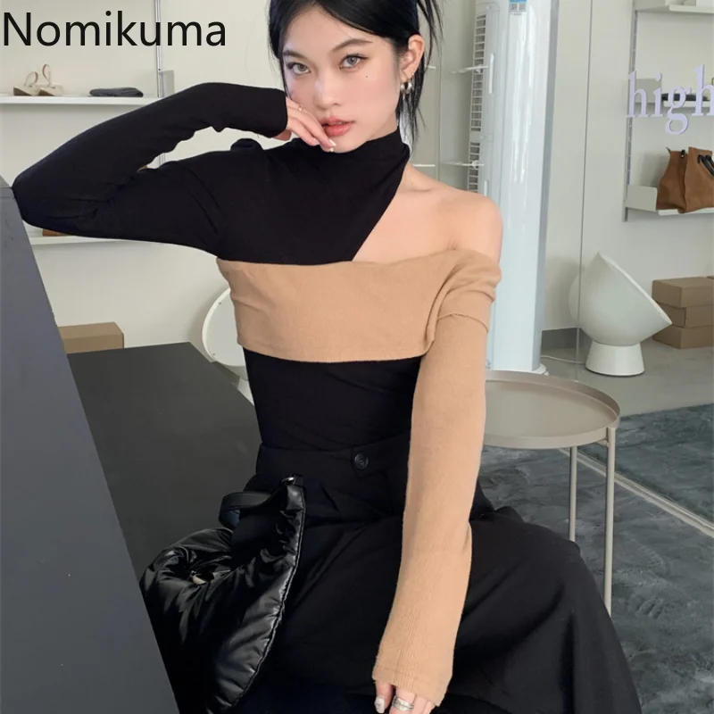 

Кроп-топ Nomikuma в стиле пэчворк контрастных цветов, весна-осень, футболки с открытыми плечами и длинным рукавом, ретро элегантная пикантная модная уличная одежда Y2k