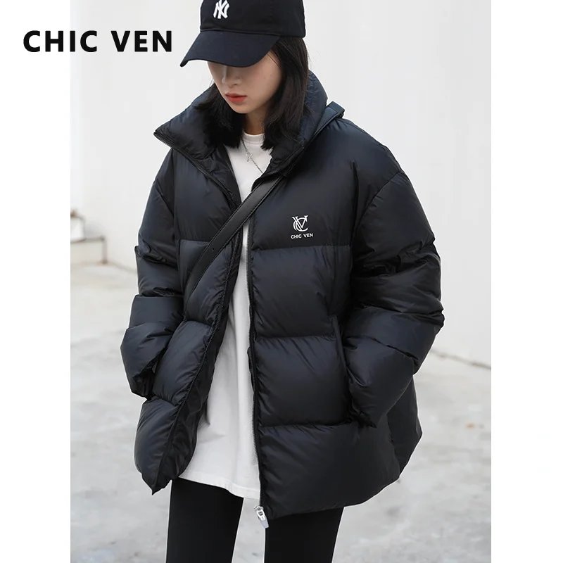 

CHIC VEN Women Down Coat Basic Stand Collar 90 White Down Jacket Solid Black Women' Tops Thickened Warm Female Winter 2022
