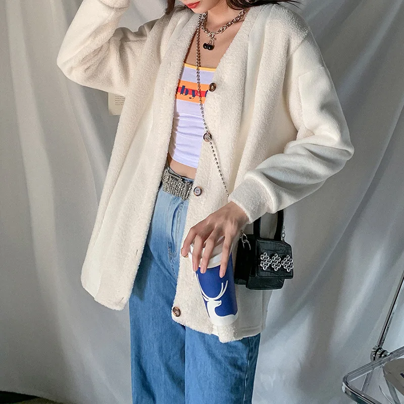 

Женский однотонный кардиган с плюшевой подкладкой, повседневный однобортный Свободный кардиган в офисном стиле, уличная одежда на осень, ...