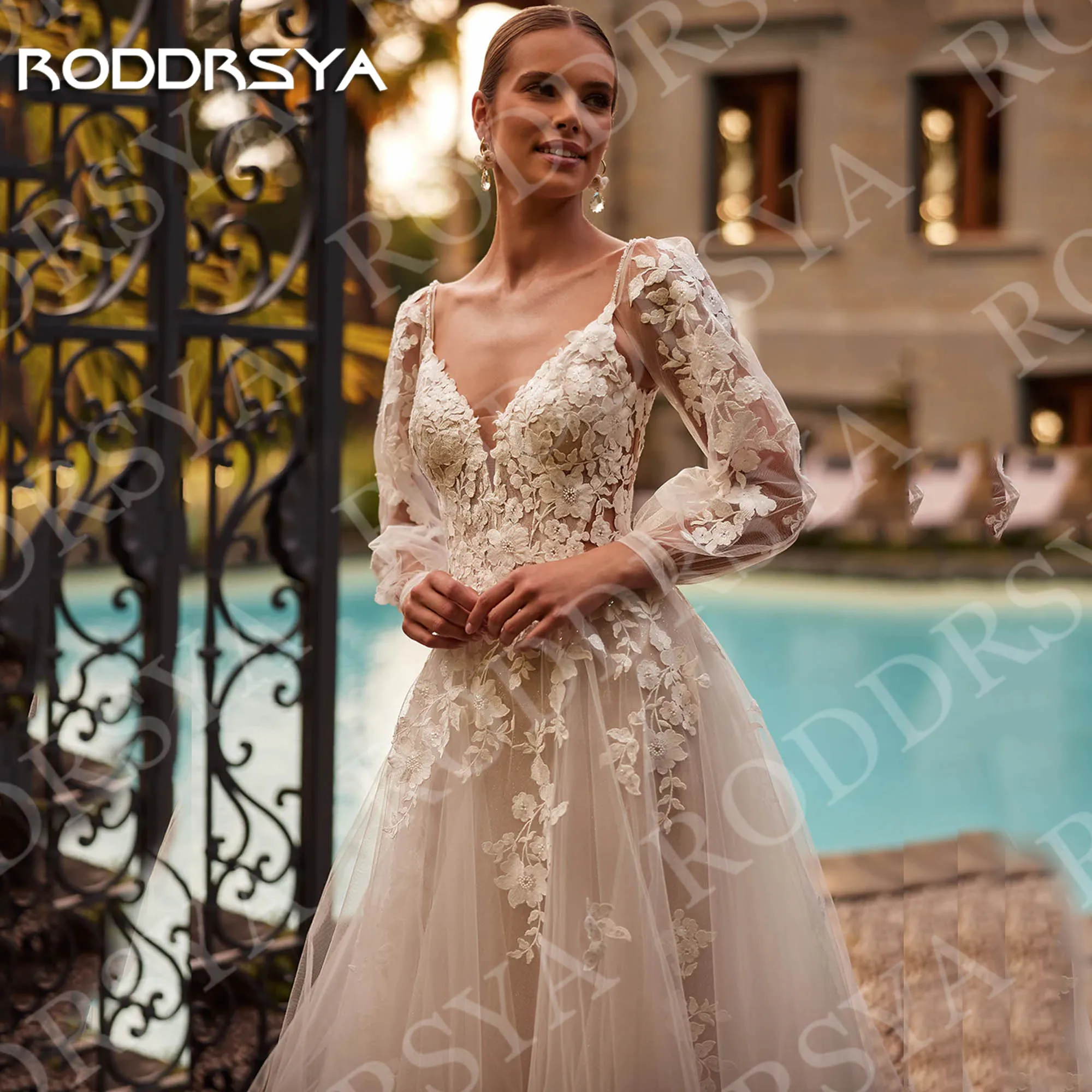 Фото Свадебные платья RODDRSYA А-силуэта с длинным рукавом Кружевная аппликация романтичное платье из фатина с V-образным вырезом индивидуальное женское платье A Line Свадебное платье с длинными рукавами кружевные наклейки №3