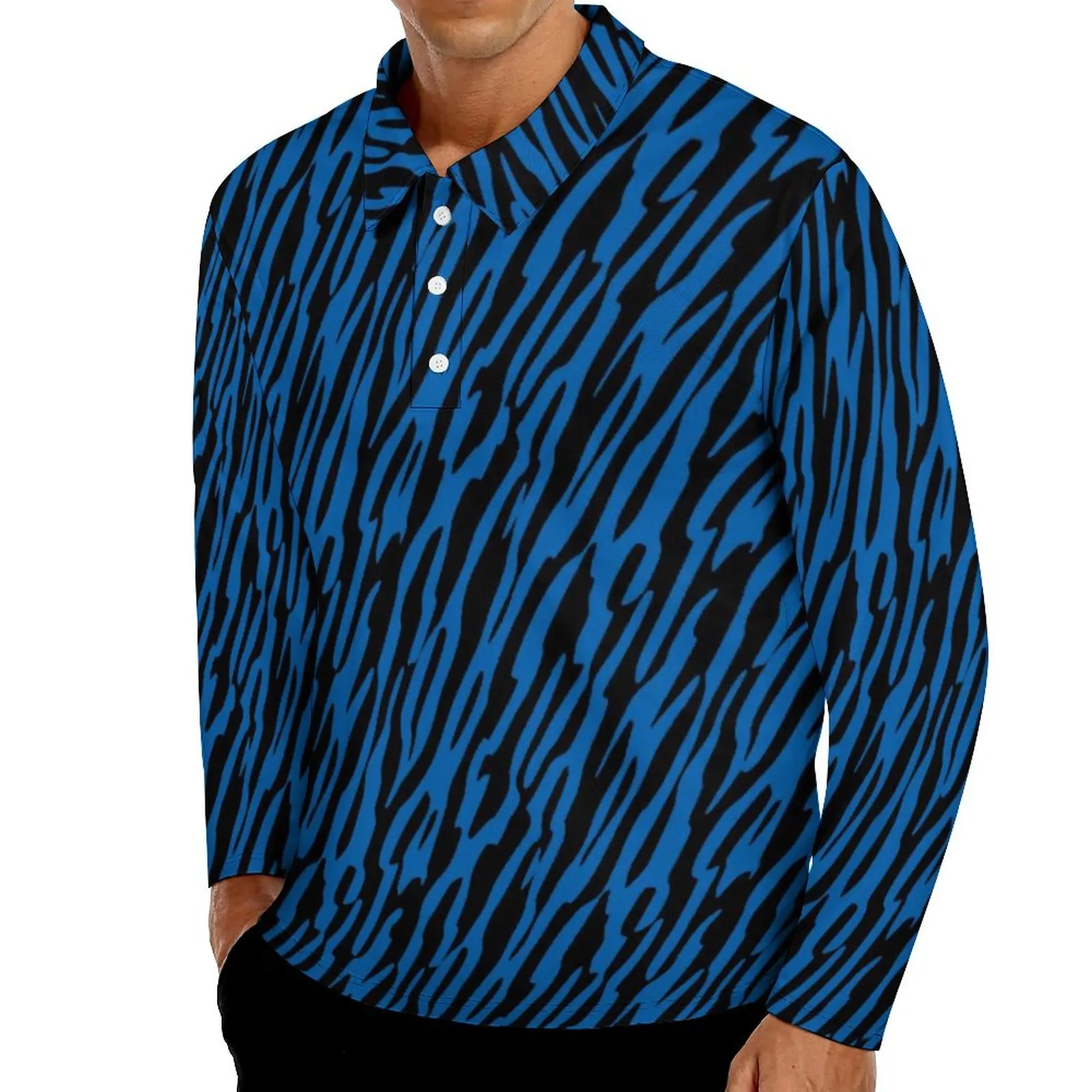 

Crazy Zebra Casual Polo Shirt Blue And Black Stripes T-Shirts Long Sleeve Design Shirt Streetwear Oversized Clothing Gift Idea