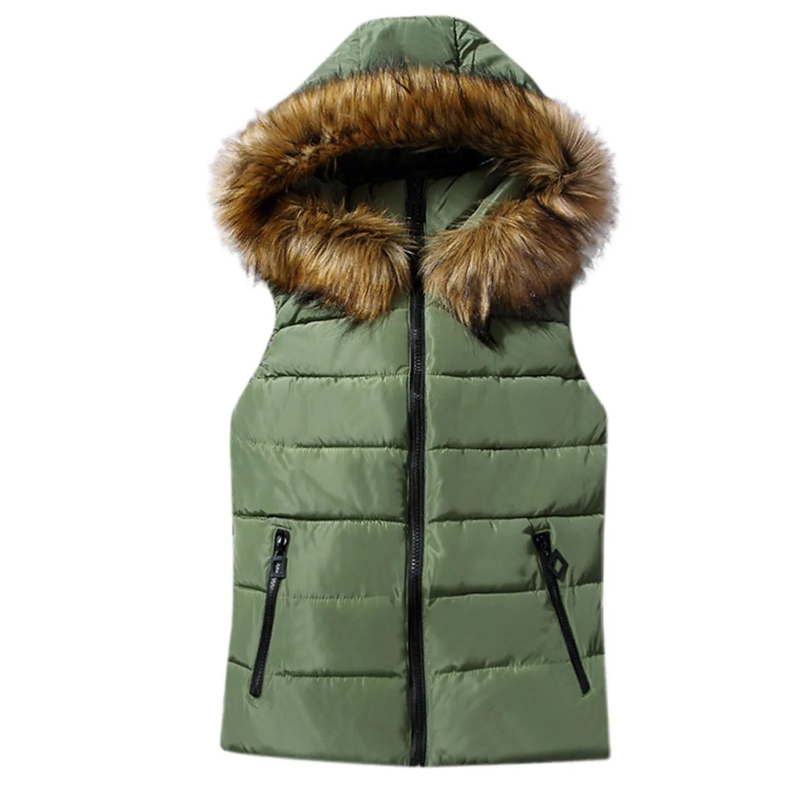 Winter Women Sleeveless Quilted Coats with Fur Hood Zipper Waistcoats Outwear Warm Casaco Feminino Inverno Down Jackets cotton