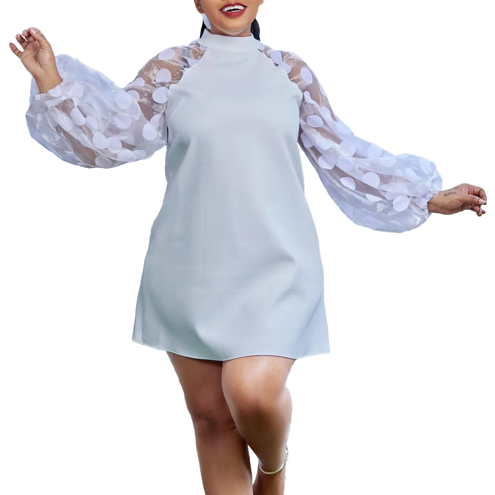 Plus Size Evening Dress Dot Print Puff Sleevel Mesh Clothing Female Luxury Robe 2023 Summer Women Trendy Elegant Party New Dress