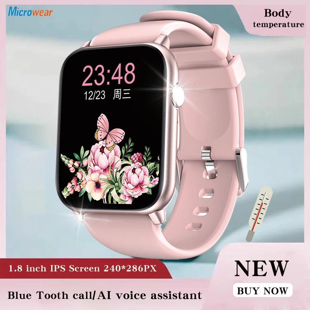 

2023 New 1.8"Women Blue Tooth Call Smart Watch Heartrate Body Temperature Testing AI Voice Assistant Music Sports Men Smartwatch