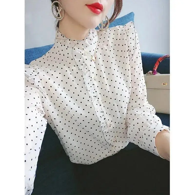 

2022 Shirts Women Sweet Girls Elegant Chiffon Bow Casual Leisure Polka Dot Long Sleeve Soft Lovely Fashion Chic Loose X27