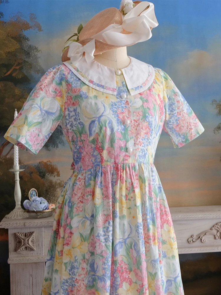 Spring Summer Women Loose Plus Size Vintage Style Cute Elegant Lady Romantic Pink Floral Print Handmade Cotton Dresses