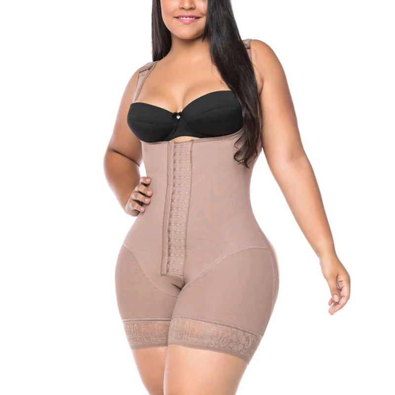 Women Tummy Control Open Bust Push Up Fajas Slimming Bodysuit Flatten Abdomen Hook-eye Body Shaper Postpartum Recovery