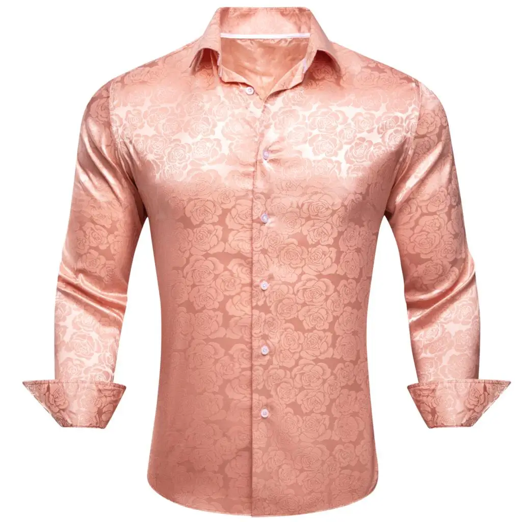 

Luxury Shirts for Men Silk Long Sleeve Coral Pink Floral Slim Fit Male Blouese Casual Tops Formal Breathable Barry Wang