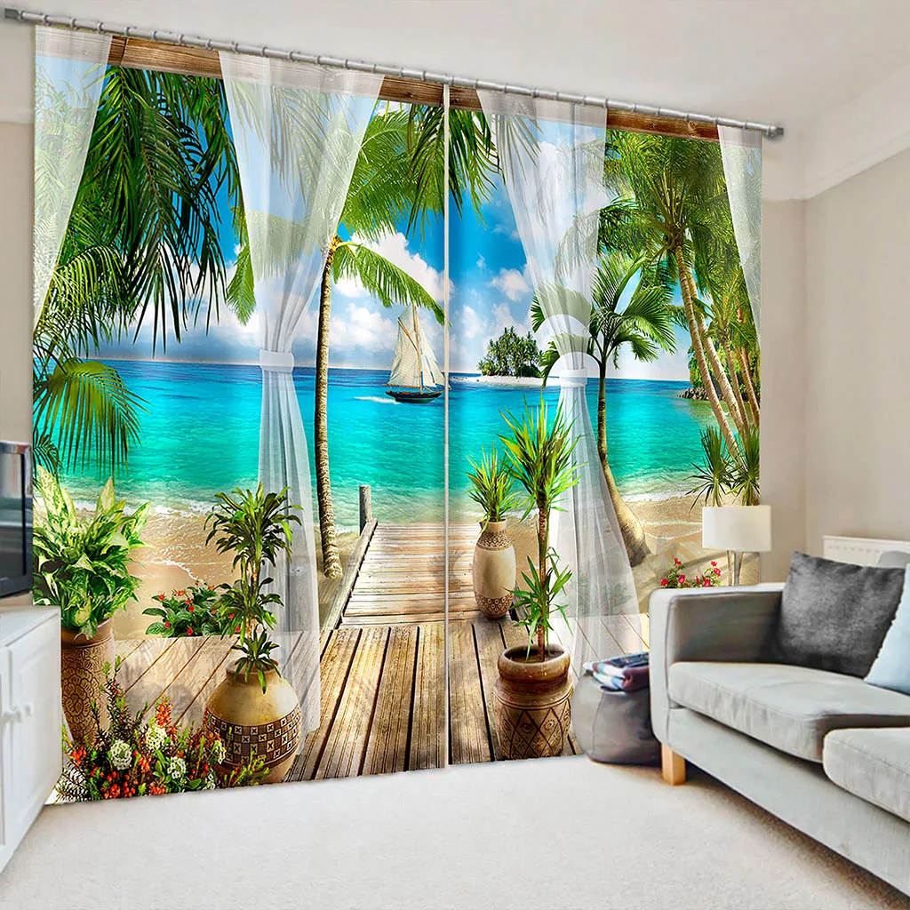 

Natural Scenery Sea Water Blue Beach Tropical Plant Thin Window Curtains for Living Room Bedroom Decor 2 Pieces Free Shipping