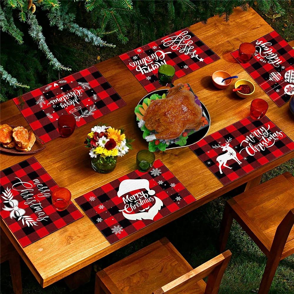 

1pcs Christmas Placemats New Red Black Plaid Placemats Reversible Heat-Resistant Santa Claus Place mat for Xmas Home Decoration