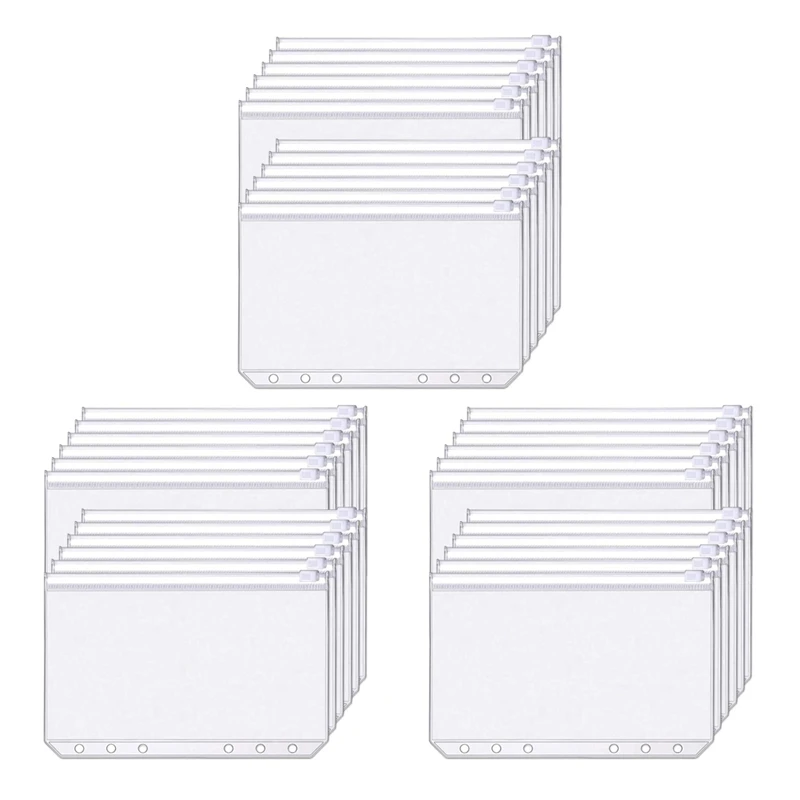 

102 PCS Binder Pockets A6 Size 6 Holes Zipper Binder Pouch Folders Clear Waterproof PVC Loose Leaf Bags