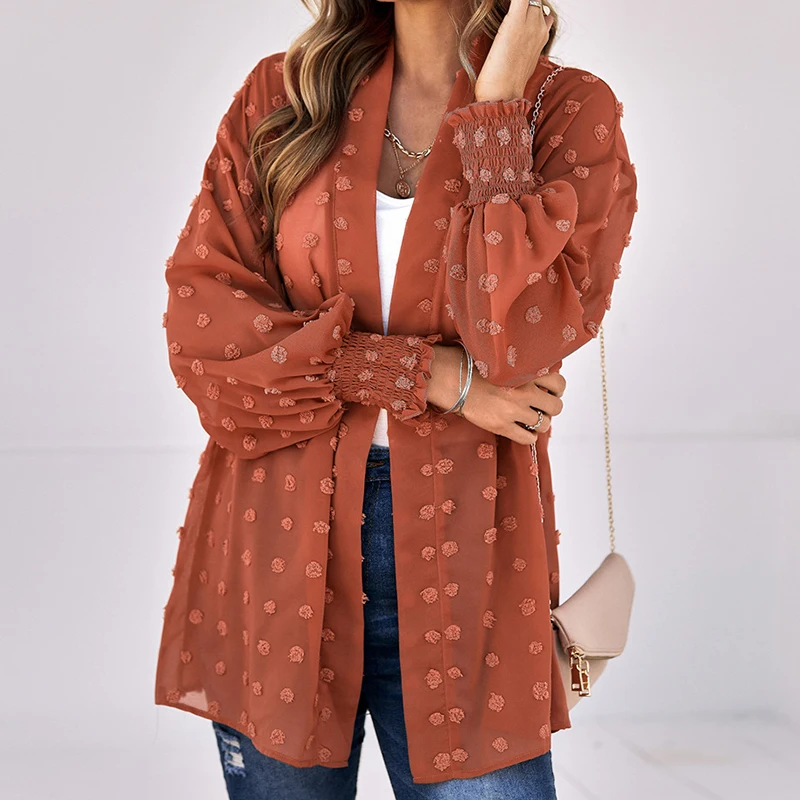 

2023 Autumn New Solid Women Cardigan Shirts Fashion Breathable Lantern Sleeve Dot Print Casual Elegant Office Ladies Blouses