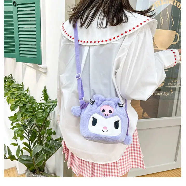 

New Sanrio Fashion Girl's Bag Cute Cinnamoroll Melody Kuromi Plush Bag Messenger Bag Plush Kawaii Cartoon Bucket Bag