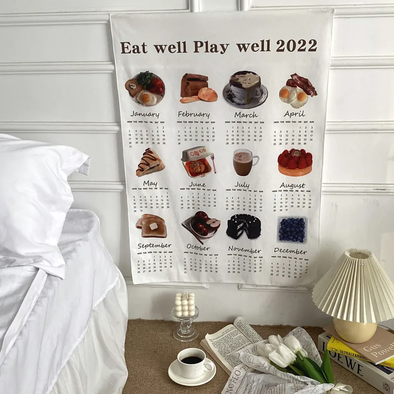 

Ins 2022 Calendar Food Wall Hanging Cloth Dessert Cake Bread Diy Background Layout Tapestry House Decor Photo Props 59*80cm