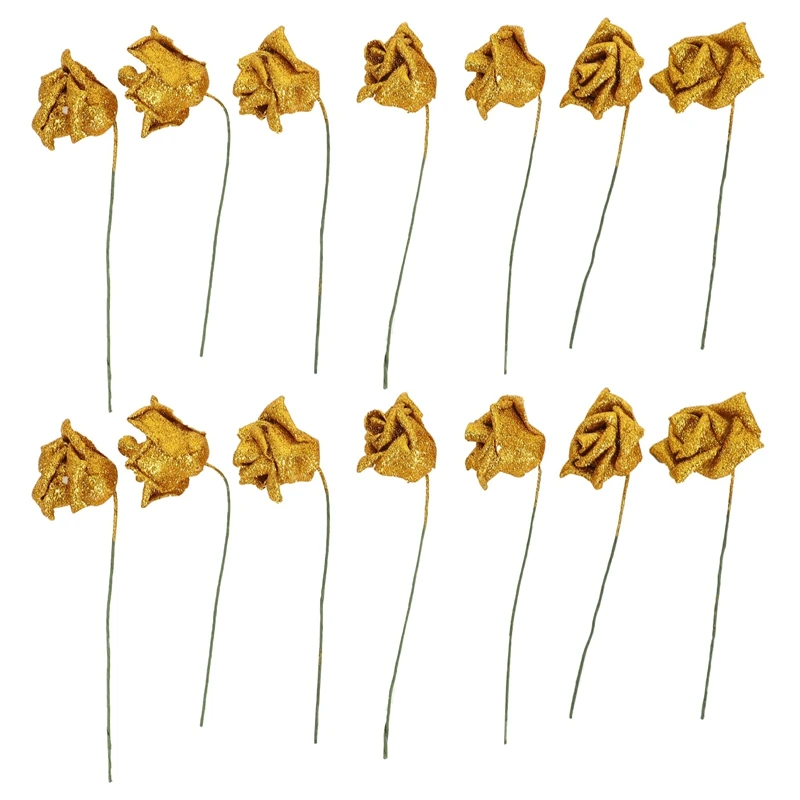 

14Pcs Foam Glitter Artificial Rose Decor, Gold