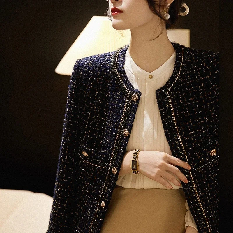 2024 осень-зима новая твидовая куртка женская высококачественная клетчатая с