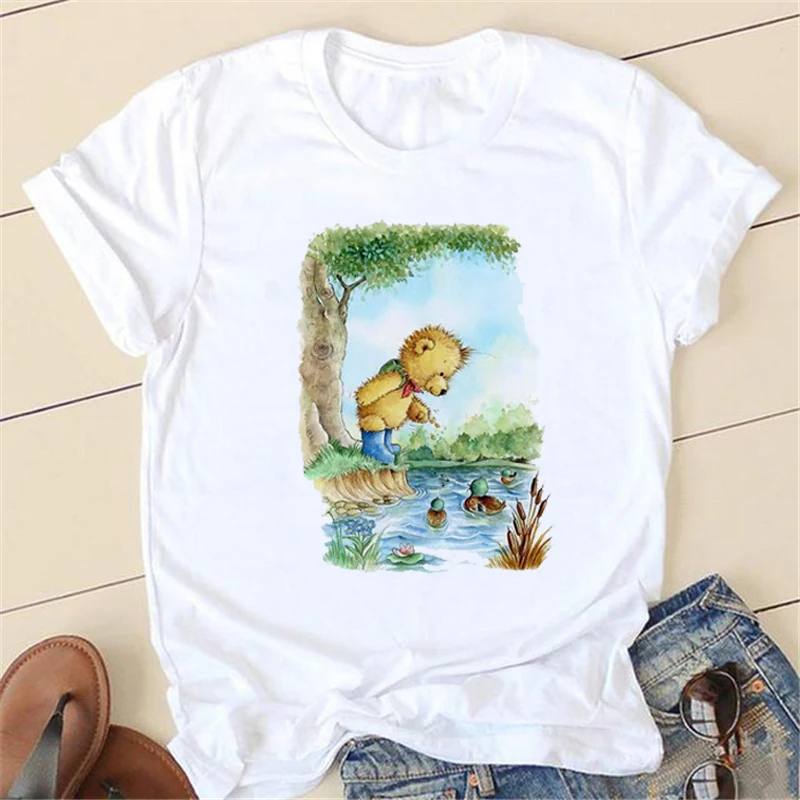 

Women's Short Sleeve Cartoon Bear Print Fashion Women's Harajuku Retro T-shirt 2022 Summer Home Travel O-neck Short Sleeve T-shi