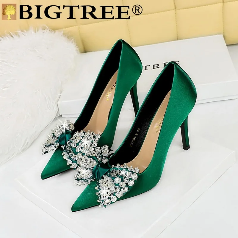 

BIGTREE Women's Banquet Party Fashion Women Pumps Rhinestone Pointed Toe Silk 10CM Thin Heels Fashion Girls Women Shoes Black