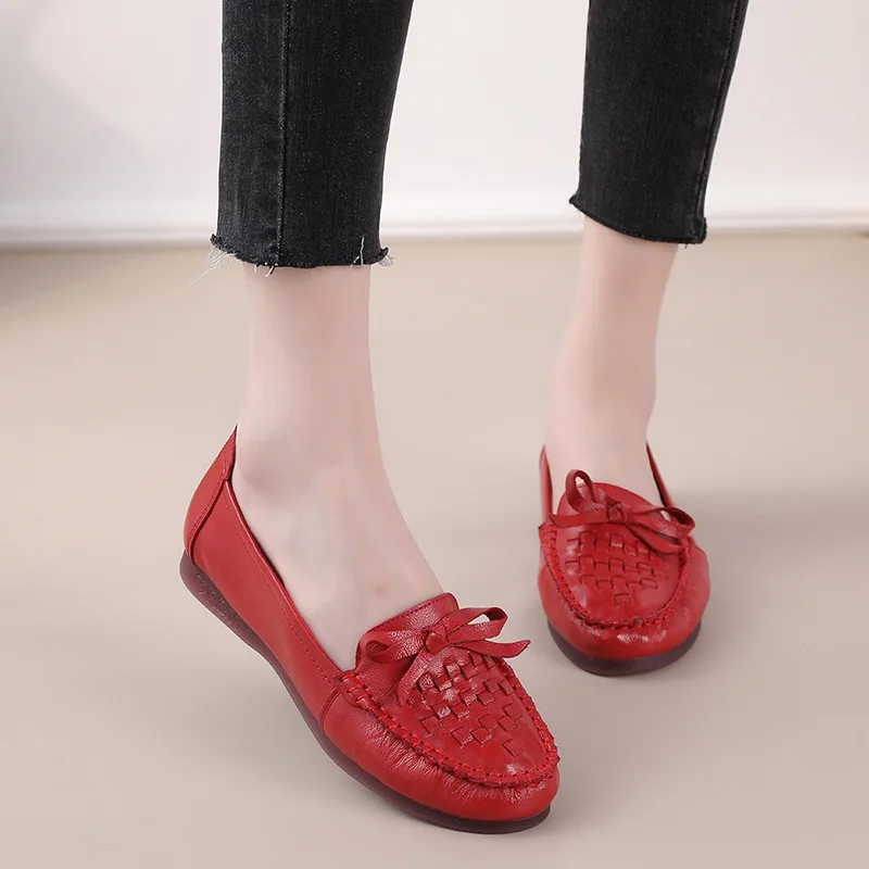 braided loafers shoes for women green butterfly knot ballet flats woman soft white moccasins ladies genuine leather flat shoes
