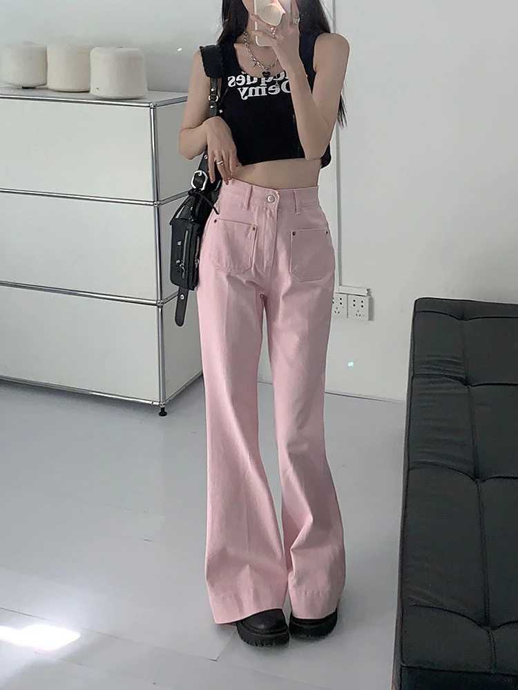 

2023 Korean Fashion Y2K Pink Flared Jeans Women Baggy Pants Harajuku High Waist Pockets Female 90s Egirl Street Denim Trousers