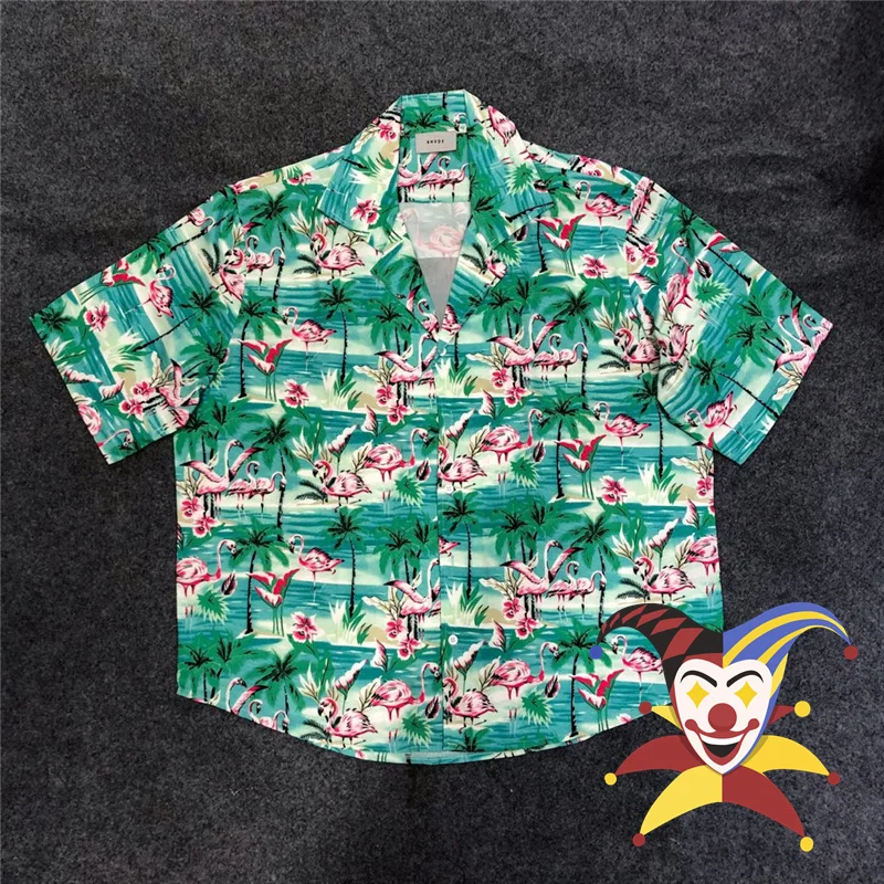 

Green Flamingo Rhude Shirt Men Women 1:1 Top Version Shirts Hawaiian Rhude Tee