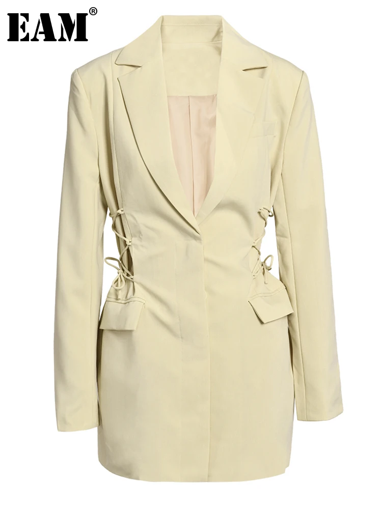 

[EAM] Women Yellow Bandage Elegant Blazer Dress New Lapel Long Sleeve Loose Fit Fashion Tide Spring Autumn 2023 1DE301707
