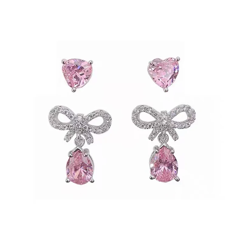 2 Pairs of Delicate Pink Rhinestone Earrings Korean Fashion Bow Knot Women's Earrings Sweet Cute Girl Beautiful Jewelry Earrings images - 6