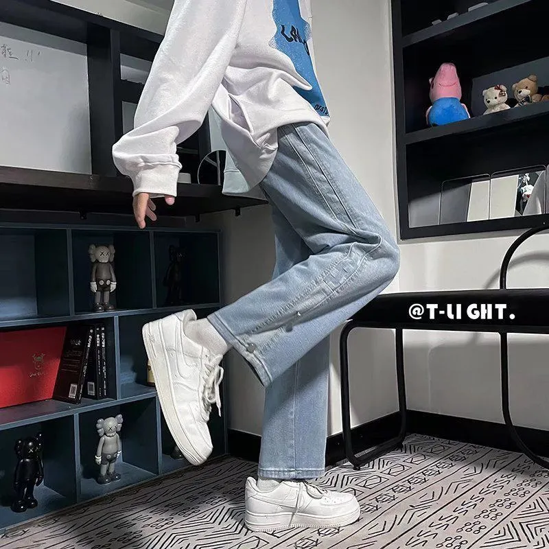 Men's Retro Harajuku Chessboard Print Patchwork High Street Loose Straight Wide Leg Denim Trousers Male Casual Baggy Jeans Pants