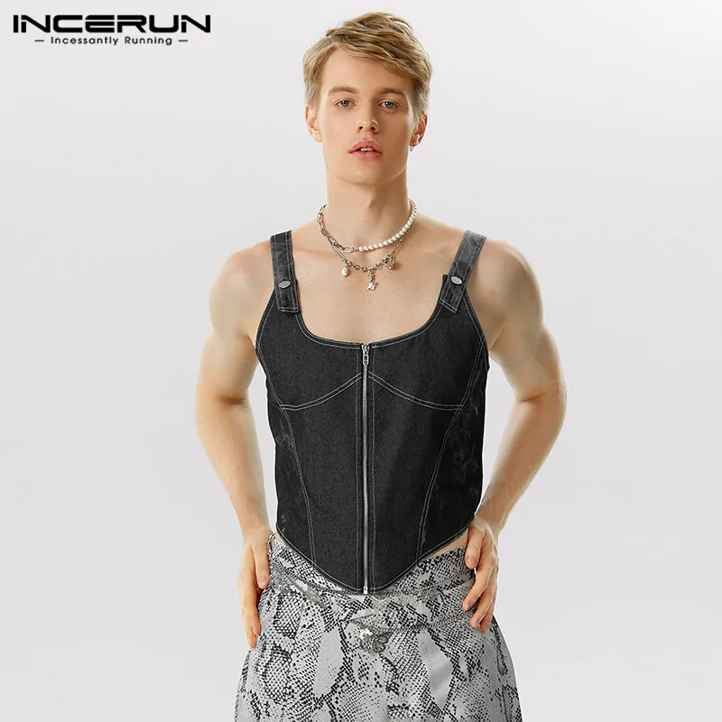 

Stylish Party Shows Style Tops INCERUN Men Denim Zipper Design Vests Casual All-match Locomotive Wind Tight Waistcoat S-5XL 2023