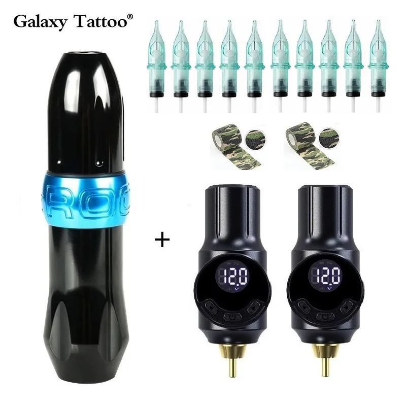 Rocket Tattoo Machine Pen Kit With 2 Wireless Tattoo Batteries Power Supply And 10pc Cartridge Needle Rotary Tattoo Set Complete