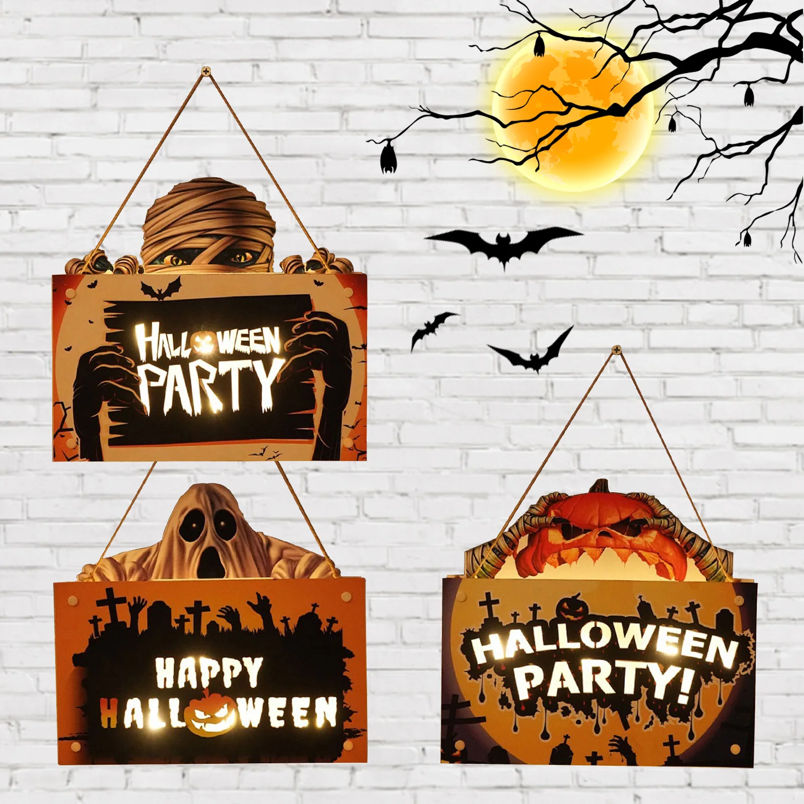 

Halloween Door Sign Pumpkin Door Sign with Light Happy Halloween Hangings Rustic Wooden Wall Decor for Halloween Party Supplies