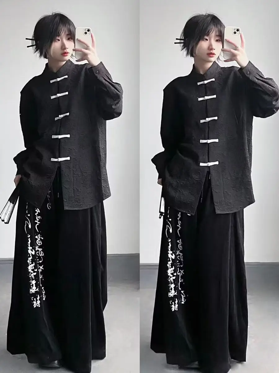 Свободный и универсальный новый костюм в китайском стиле на пуговицах топ черные