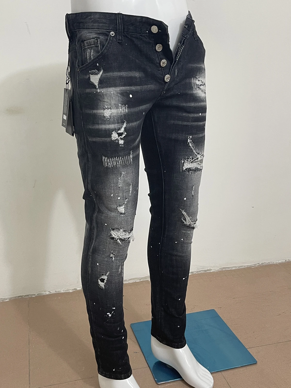 Spring/Summer 2023 new fashion men wash worn holes patch paint splashed ink small feet D2 jeans black jeans man