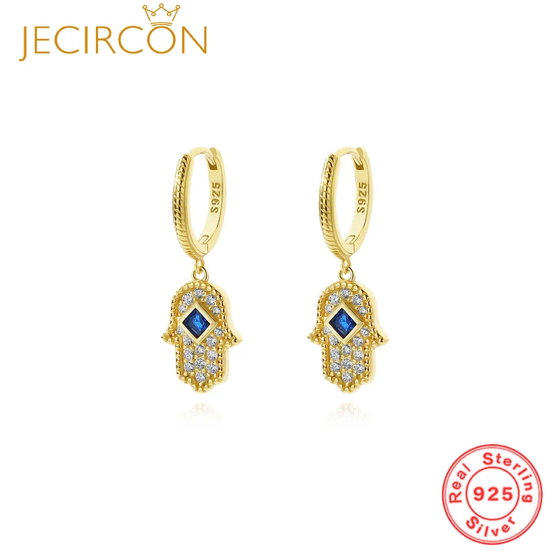 

JECIRCON 925 Sterling Silver Fatima Hand Drop Earrings for Women Original Design Square Blue Zircon Ear Buckle Trendy Jewelry