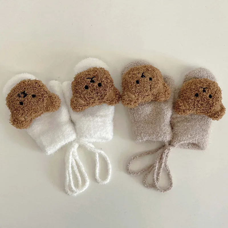 

1-4Y Cartoon Bear Baby Mittens Winter Warm Kids Baby Girl Gloves Knitted Children Toddler Thick Teething Mitten Handschoen