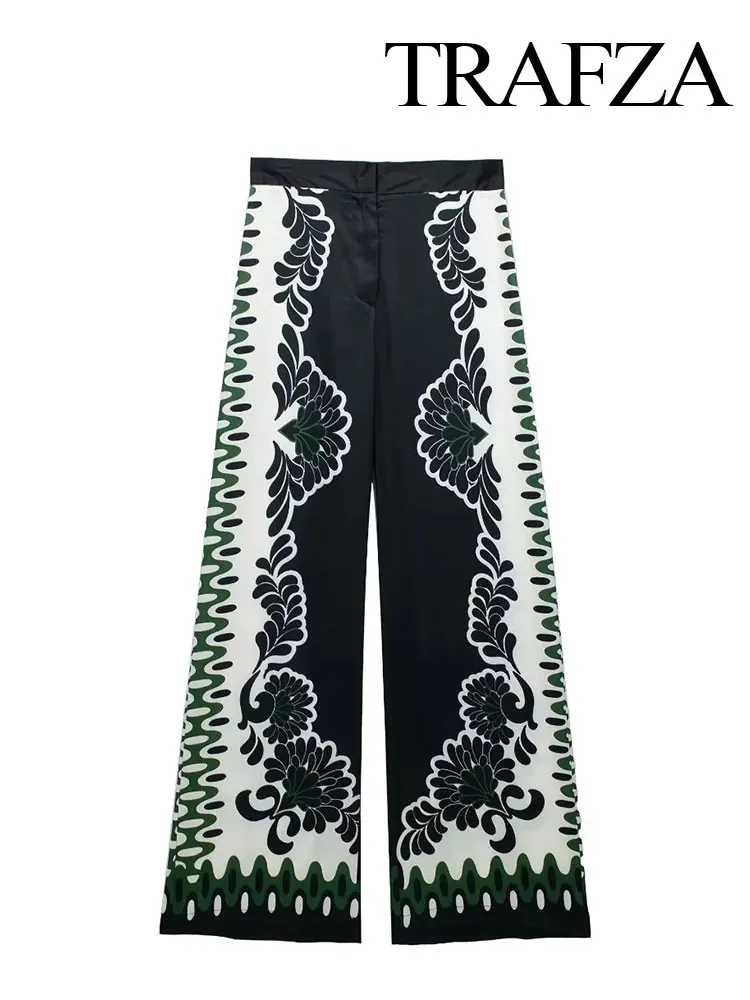

TRAFZA Women Fashion Trousers 2023 Floral Print Loose Long Pant Woman Casual With Button High Street Female Wide Leg Pant