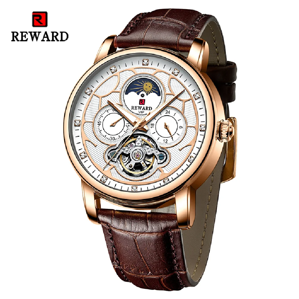 

REWARD Men Dress Watch Automatic Mechanical Wristwatch Genuine Leather Luminous Tourbillon Wrist Watches Gift for Father Husband