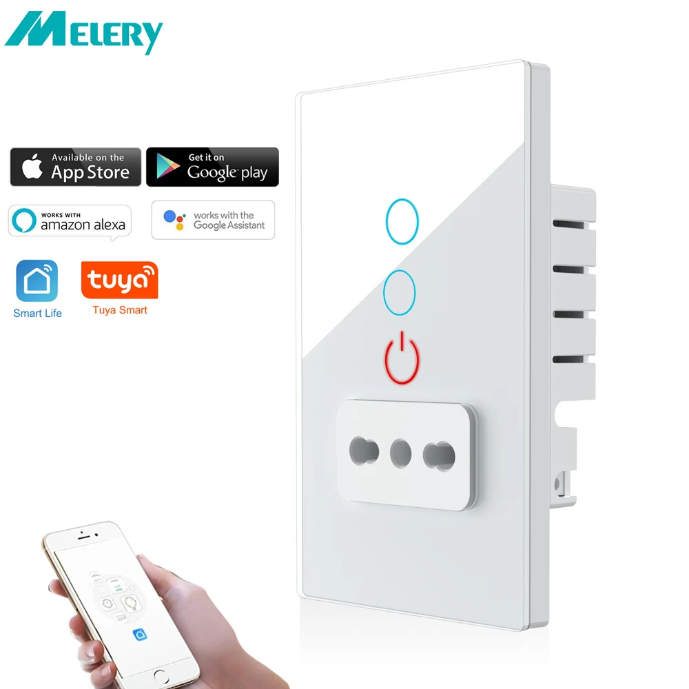 

Melery Tuya Wifi Smart Life Italy Light Switch Wall Socket Chile Outlet Glass Panel Plug Intelligent Remote Alexa Google Home