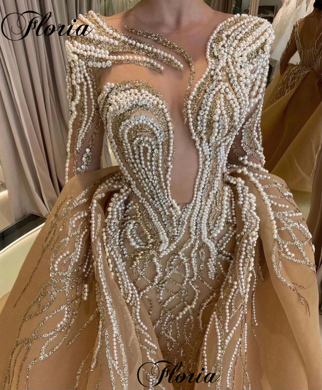 

Luxury Pearls Mermaid Evening Dresses With Removable Train Long Sleeves Elegant Celebrity Dresses For Women Robes De Soirée