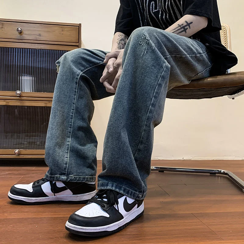 Summer Blue Ripped Jeans Men Fashion Casual Hole Baggy Jeans Men Streetwear Hip Hop Loose Straight Denim Pants Mens Trousers