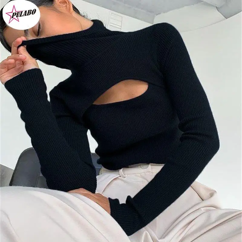 

Women'S Turtleneck Long Sleeve Vintage Pullovers Hollow Out Sweater Korean Style Chic Slim Autumn Y2k Tops Ofiice Lady Clothes