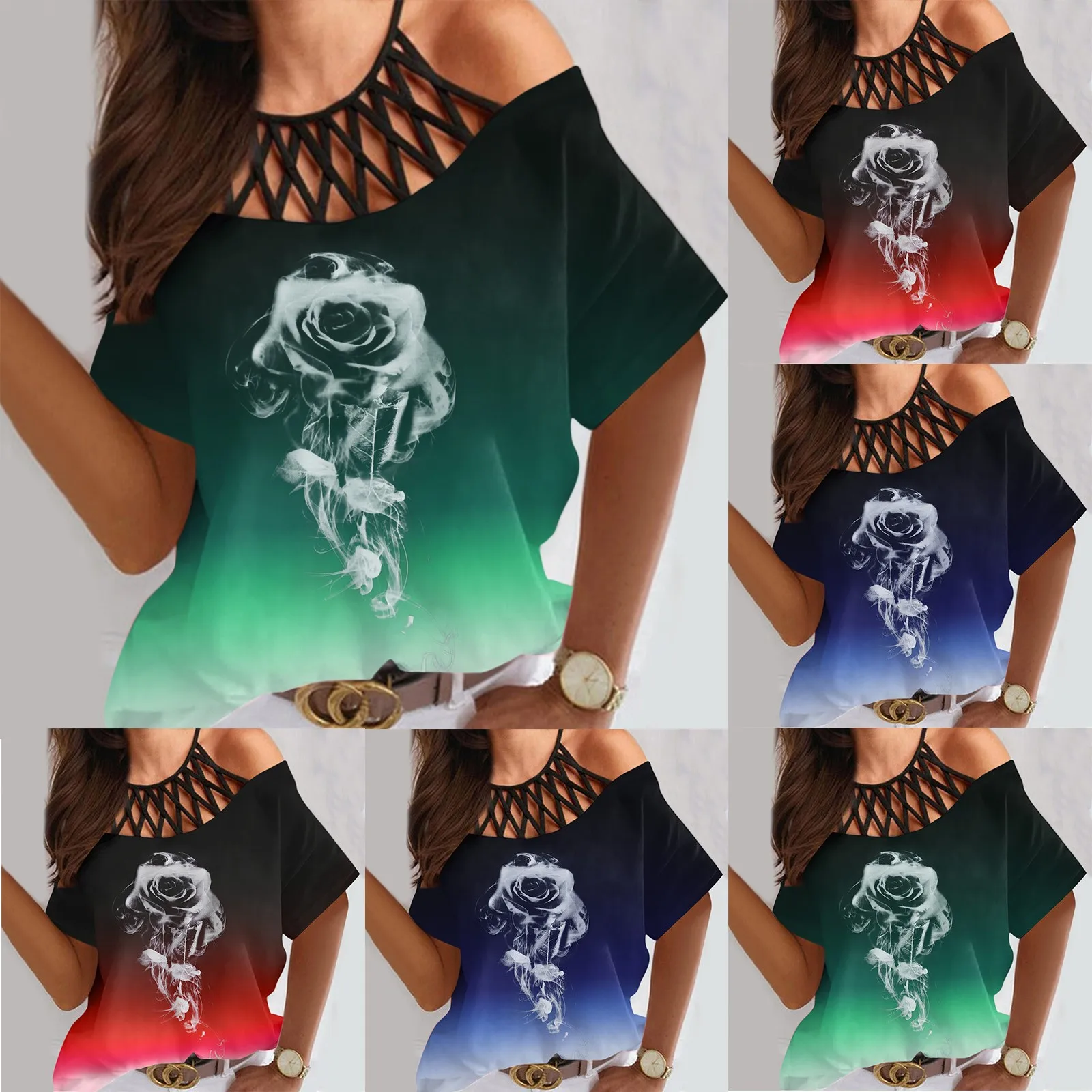

Women Loose Hollow Round Neck Drop Shoulder Short Sleeve Casual Pullover Rose Print T Shirt Top Striped Womens Shirt