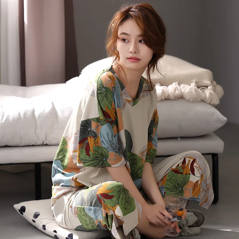 2 Piece Sets Summer Silk Pajamas for Women Short Loungewear Short Sleeves Cropped Pants Fashion Printed Sleepwear Pjs Female