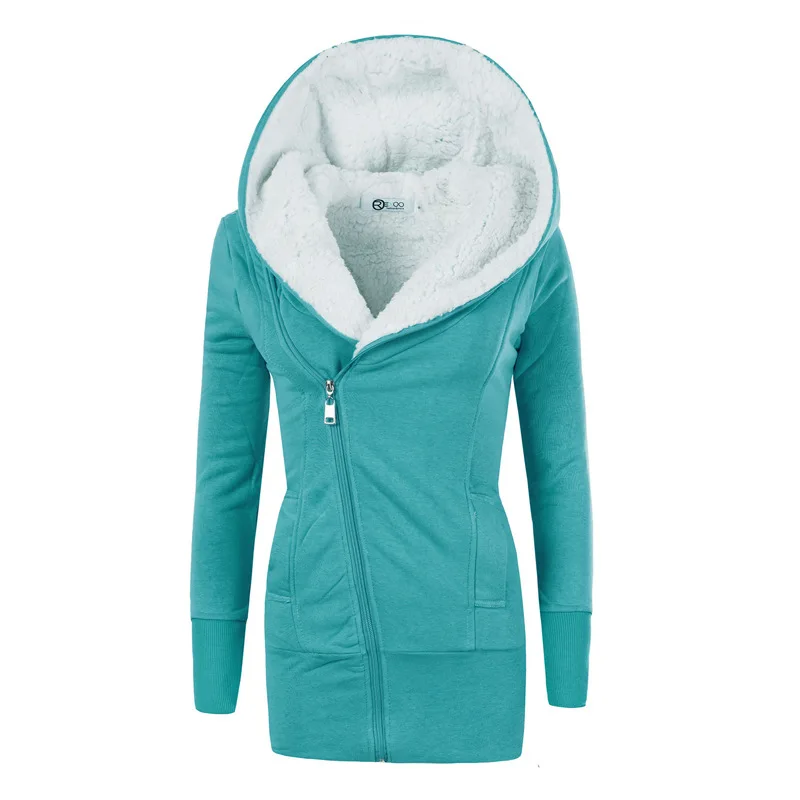 

Women's Lamb Fleece Hooded Jackets Outerwear Coats Winter Zipper Long Sleeve Autumn Casual Female Thicken Mid-length Cardigan