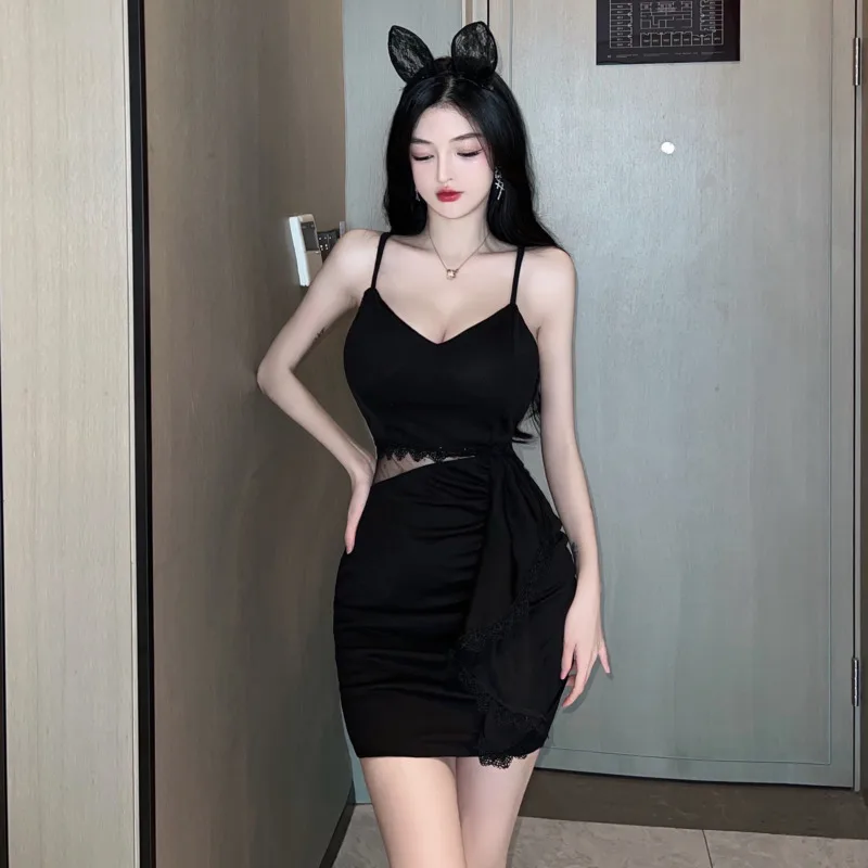 

#3125 Sexy Camisole Dress Backless Spliced Ruffles Tight Dress Female V-neck High Waist Short Party Dress Spaghetti Strap Summer