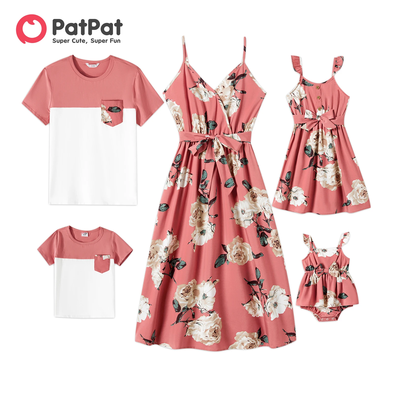 

PatPat Family Matching Outfits Allover Floral Print Belted Slip Dresses and Colorblock Short-sleeve T-shirts Sets