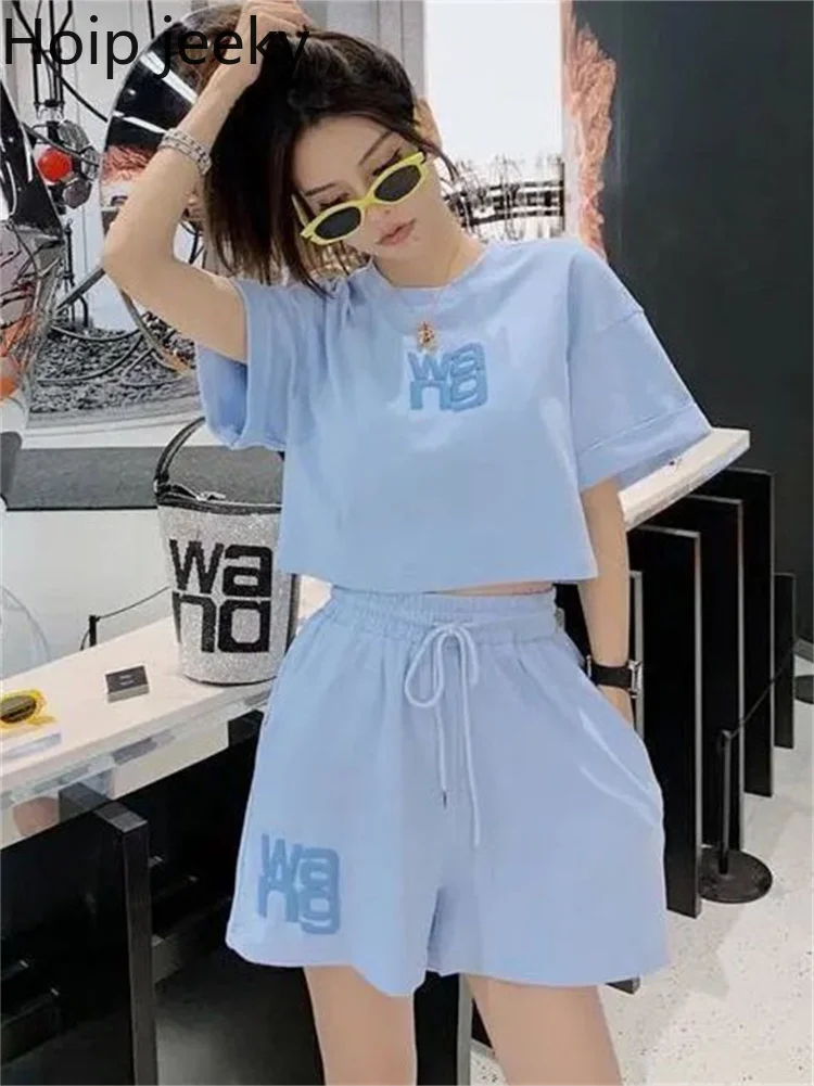 

Hoip Jeeky New Sports Shorts Suit Women Korean Leisure Top ＋ Drawstring Wide-Leg Shorts Girl Two-Piece 2022 Summer New Trend